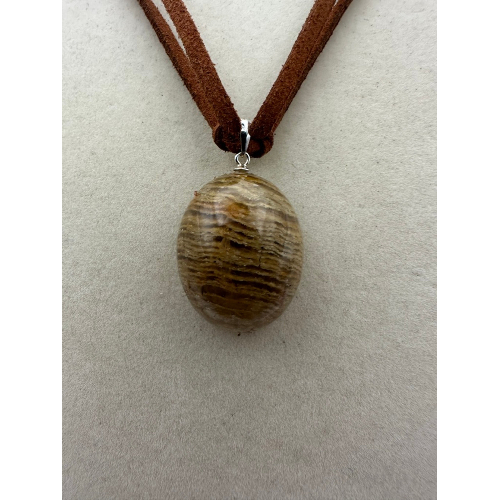 Oval Thousand Layer Garden Quartz Pendant Necklace on Brown Faux Suede